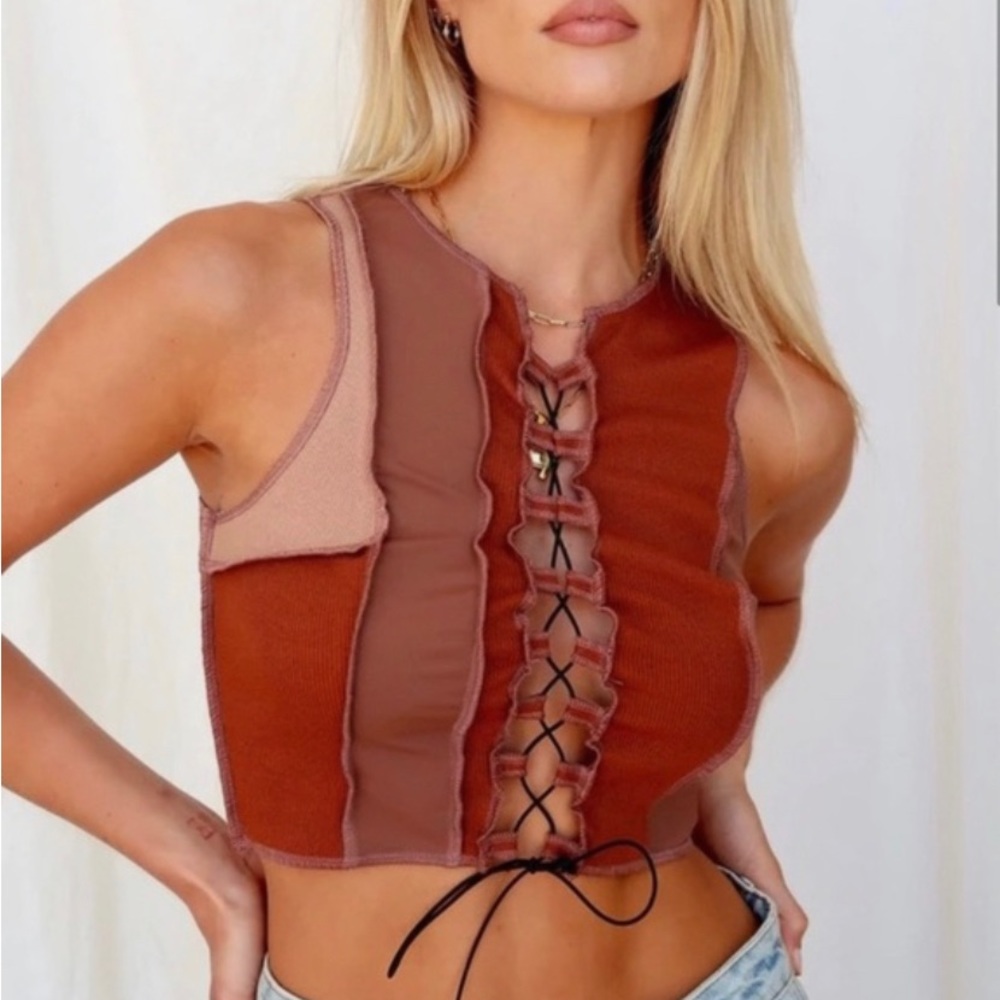 12th Tribe Colorblocked Lace Up Top